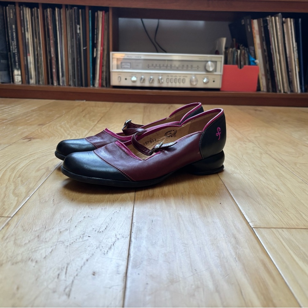 John Fluevog Two-Tone Black and Burgundy Mary Jane Flats